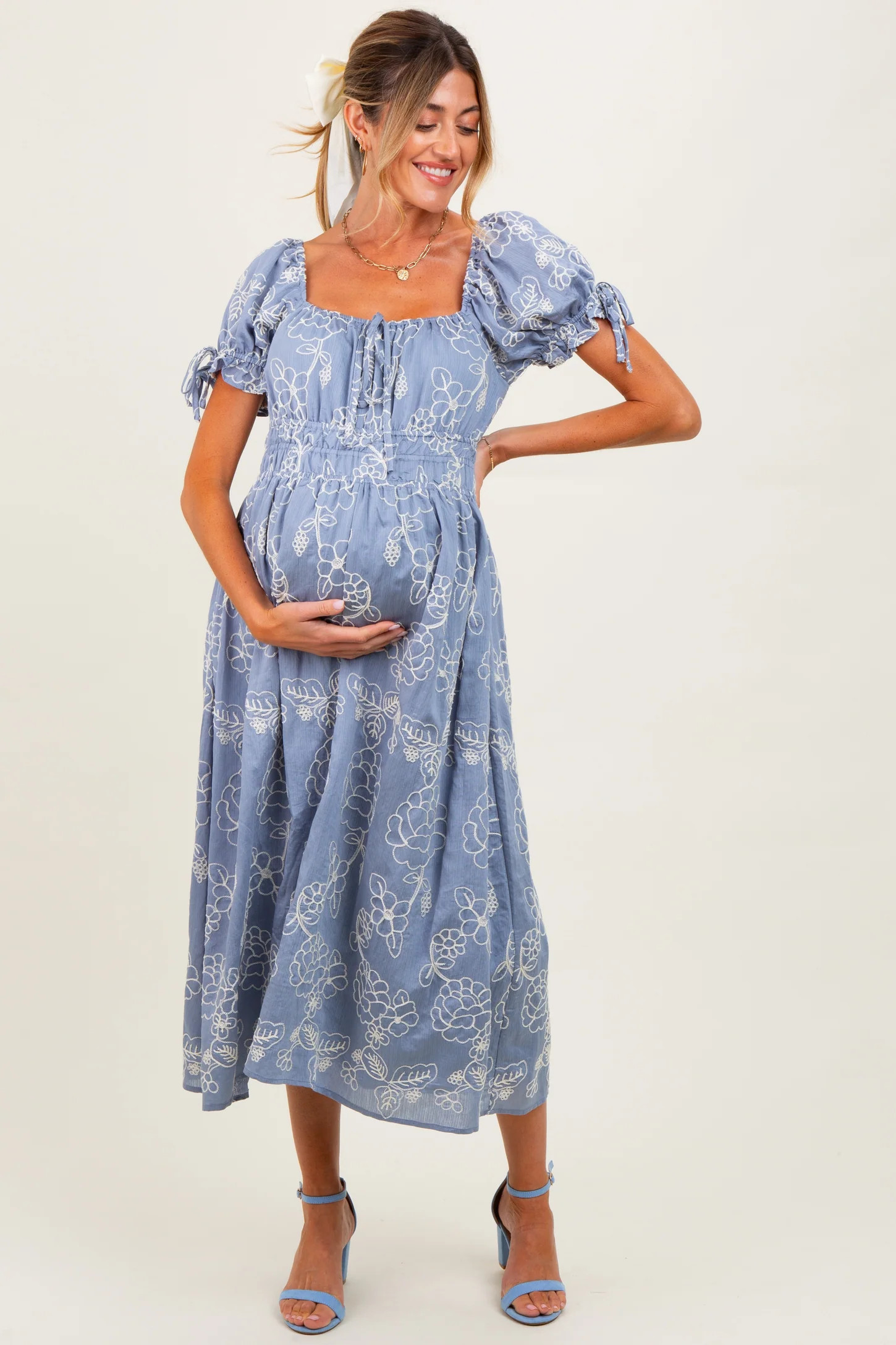 Denim Blue Floral Embroidered Maternity Midi Dress | PinkBlush Maternity