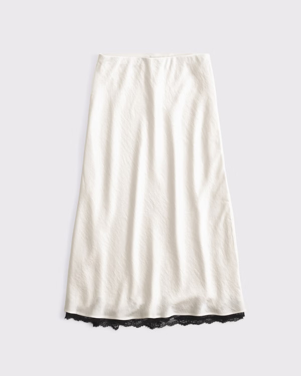 Women's High Rise Satin Lace-Hem Midi Skirt | Women's Bottoms | Abercrombie.com | Abercrombie & Fitch (US)