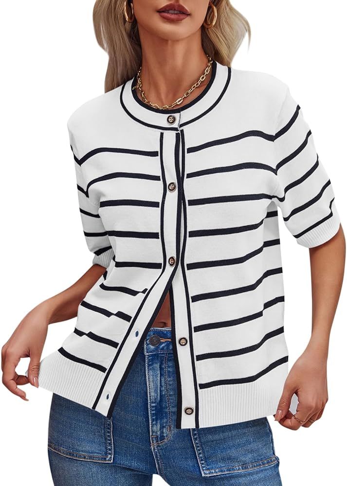 Saodimallsu Womens Striped Short Sleeve Cardigans Sweater Summer Button Down Crew Neck Lightweigh... | Amazon (US)