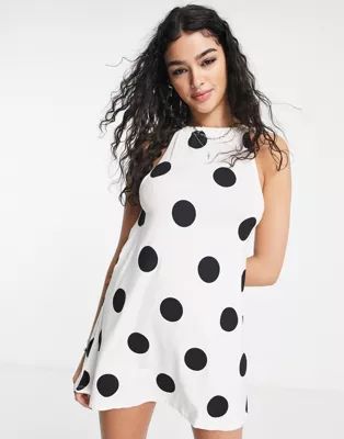 ASOS DESIGN gathered neck mini dress with open back in large scale mono spot | ASOS (Global)