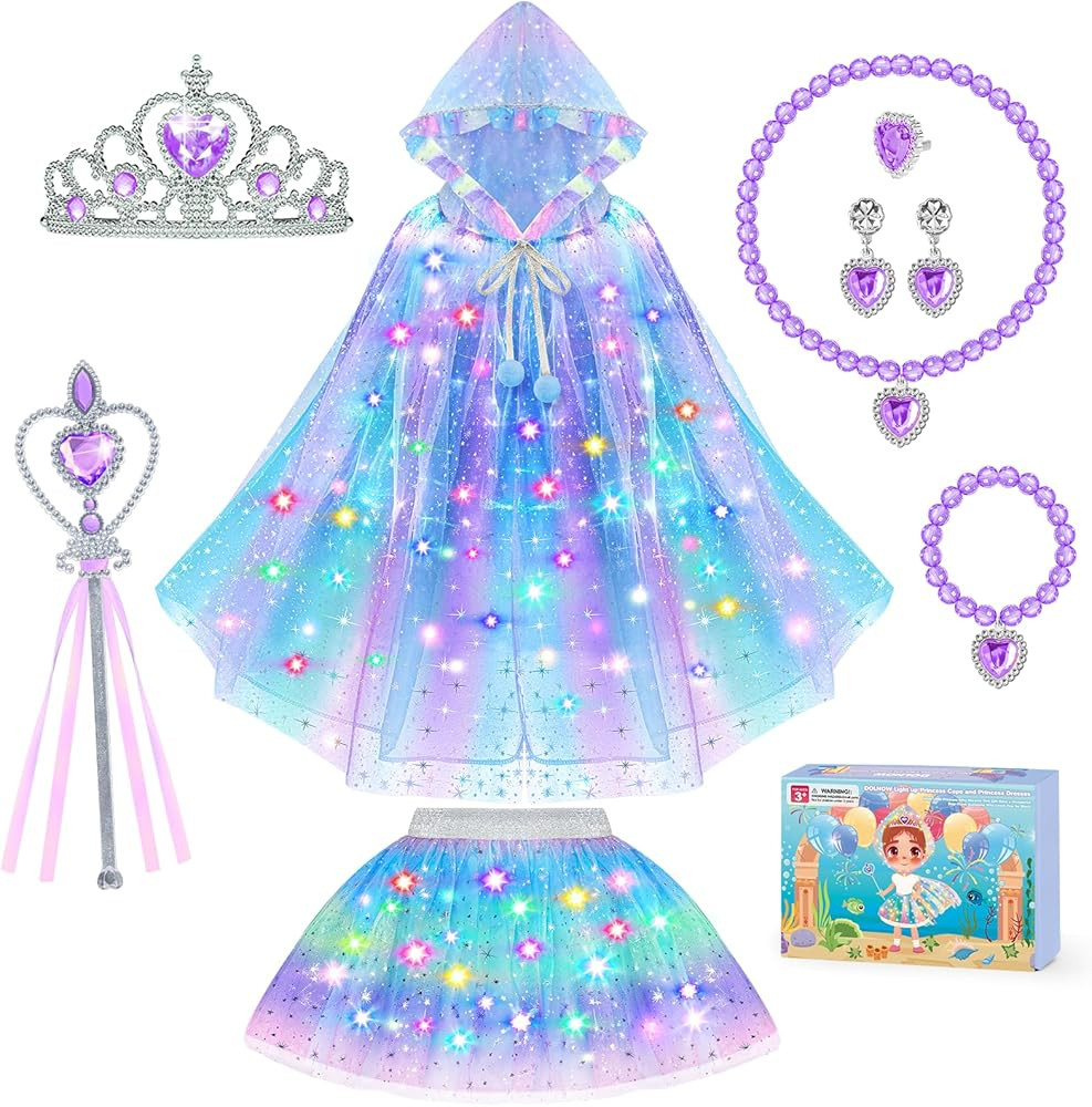 Princess Dress Up for Girls, Light up Princess Cape Princess Dress Costume Crown Wand Gifts for T... | Amazon (US)