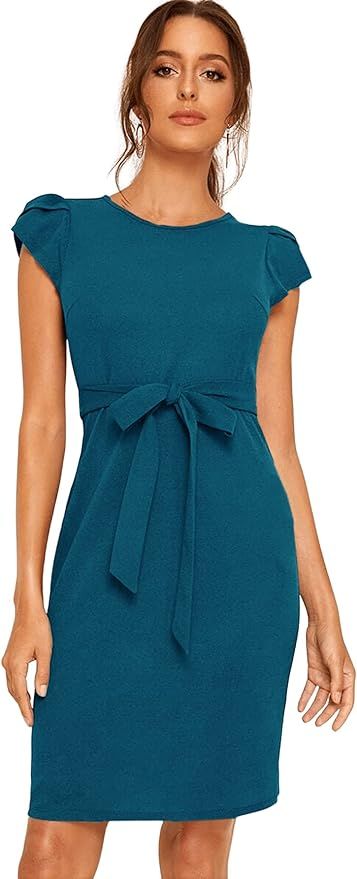 SheIn Women's Elegant Short Cap Sleeve Short Dress Crewneck Tie Waist Cocktail Dresses | Amazon (US)
