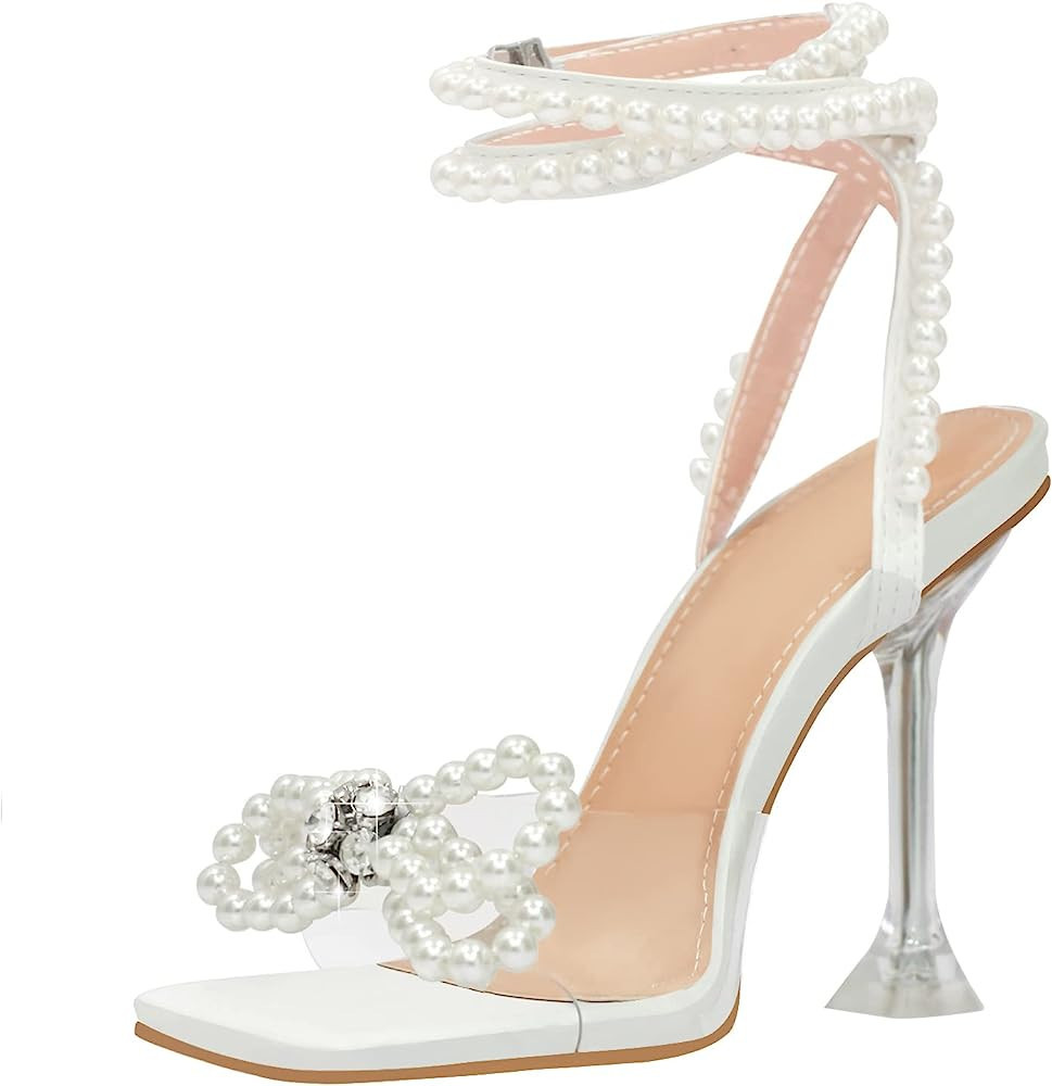 Yolkomo Women's Square Toe Clear Heels Sexy Rhinestone Bow Heels Open Toe Ankle Strap Stiletto Hi... | Amazon (US)
