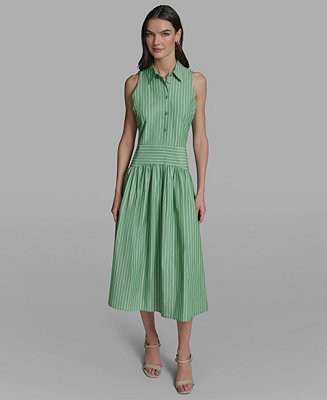 Women's Stripe Shirting Button-Down Sleeveless Midi Shirtdress | Macy's