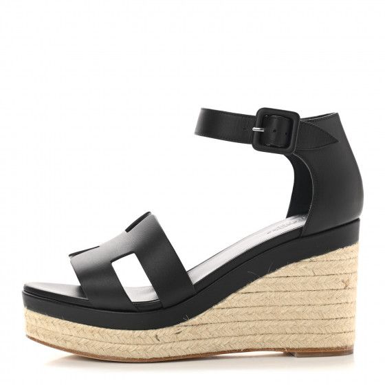 HERMES Goatskin Elda Espadrille Wedge Sandals 38 Black | FASHIONPHILE | Fashionphile