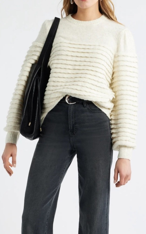 Ruffle sweater
Sweater
Black jeans 
Jeans 

#LTKFindsUnder100 #LTKSaleAlert #LTKSeasonal