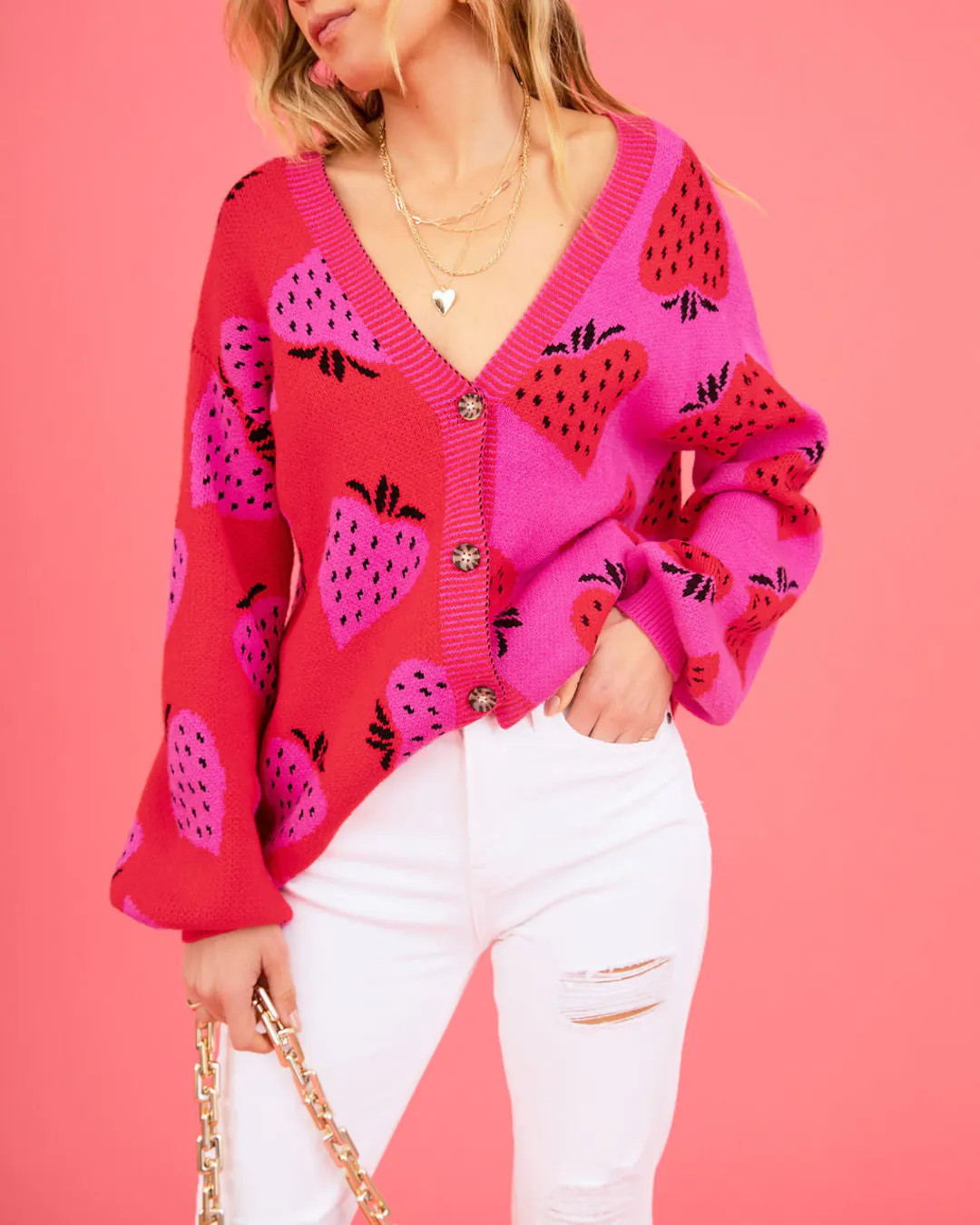 Strawberry Wishes Colorblock Button Front Cardigan | VICI