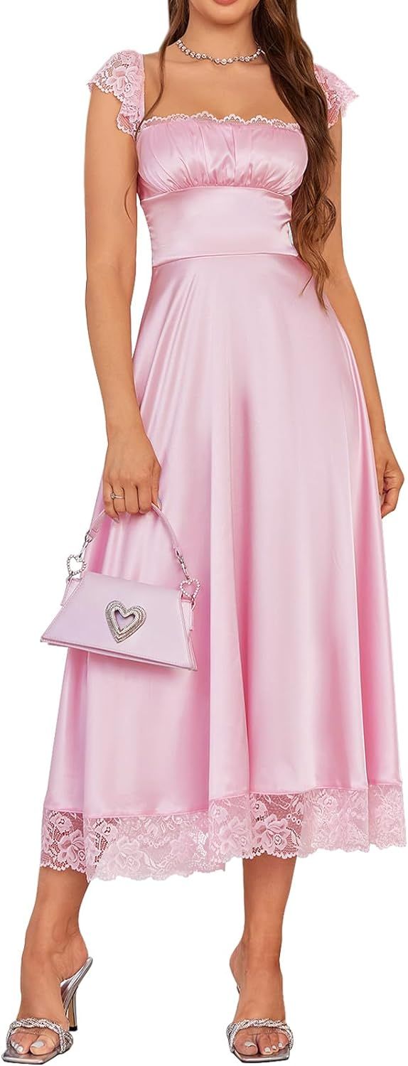EYNMIN Women's Satin Lace Strap Mini Dress Square Neck Flowy A-Line Ruffle Swing Casual Short Dre... | Amazon (US)