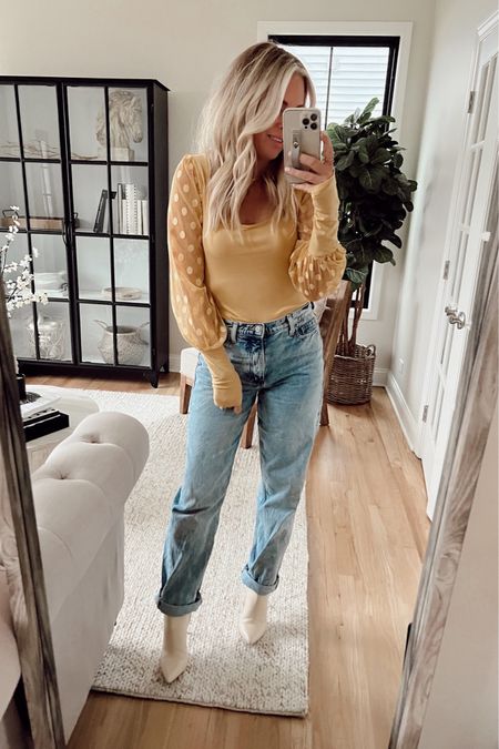 Amazon top and my FAVE loose jeans ever! 
They run TTS. They have two new colors this season! 
They look MUCH diff online but I get sooo many compliments on them and I cuff mine! 
Booties on SALE! ✨ 
Jeans. Baggy jeans. Date night style. Spring fashion  

#LTKunder100 #LTKstyletip #LTKunder50