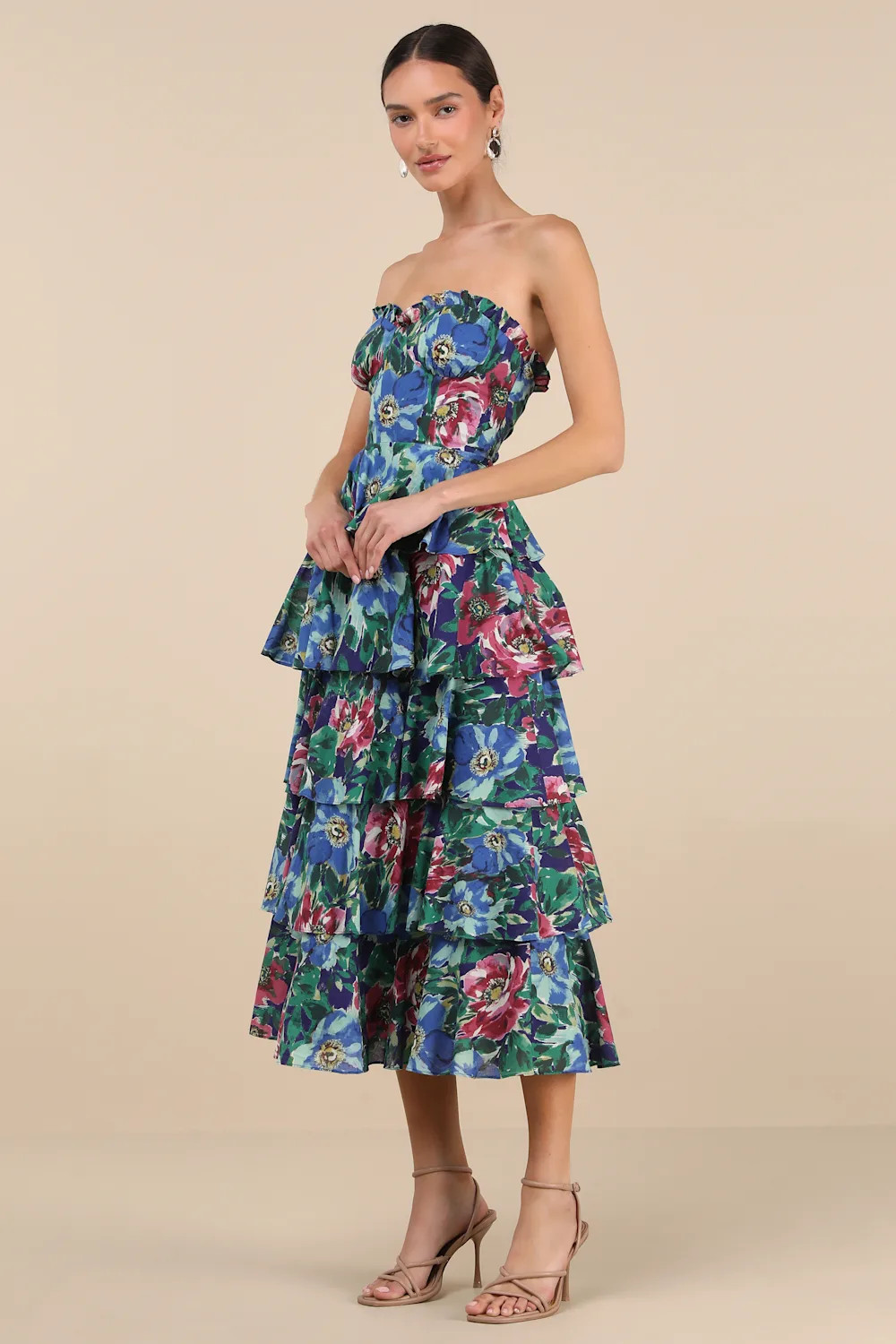 Nayha Blue Multi Floral Strapless Tiered Midi Dress | Lulus