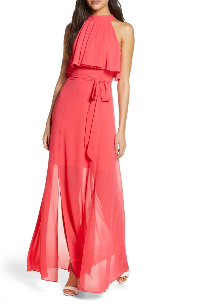 coral long dress for wedding