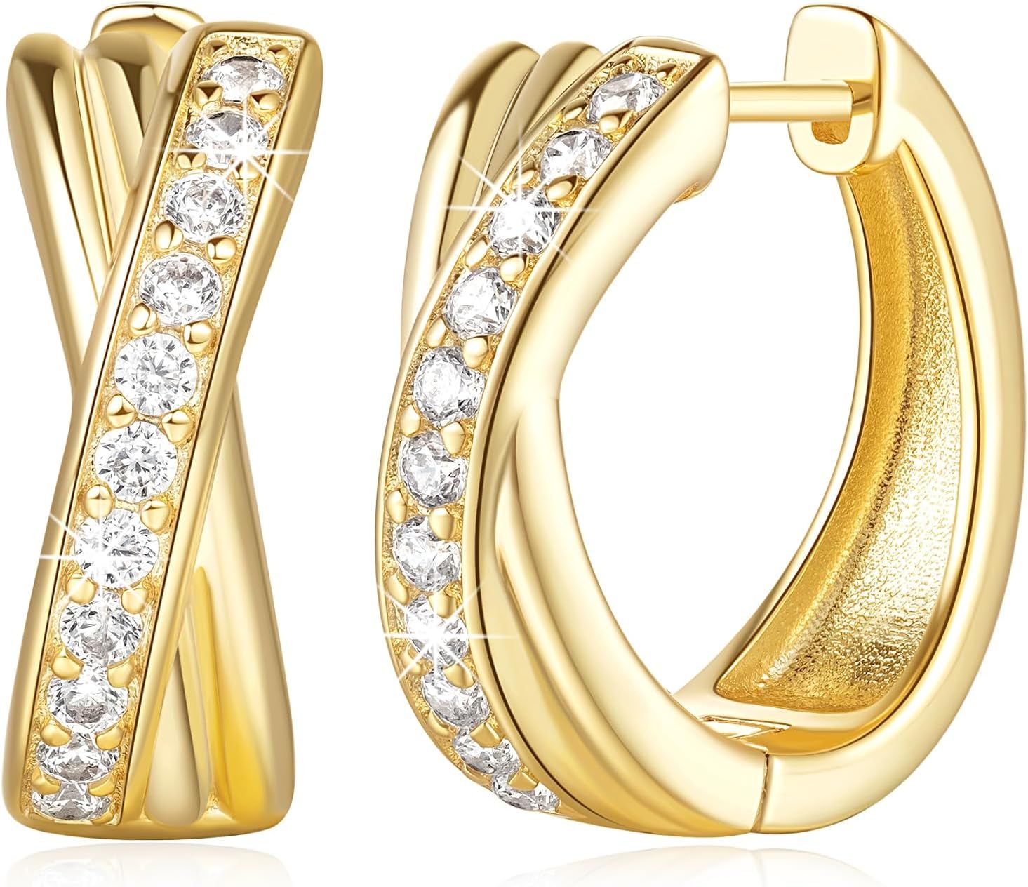 Gold Hoop Earrings 14K Gold Earrings for Women Thick Small Diamond Hoop Earrings X-shaped Gold Hu... | Amazon (US)
