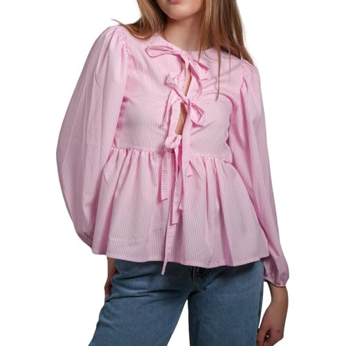 Women Y2K Babydoll Tops Puff Sleeve Crewneck Tie Front Peplum Shirt Ruffle Hem Blouse 2024 Summer Cute Tops (Tie Pink, L) | Amazon (US)