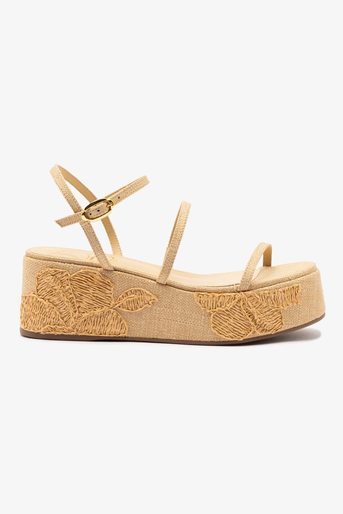 Gio Flatform In Beige Raffia and Hibiscus Embroidery | Larroude