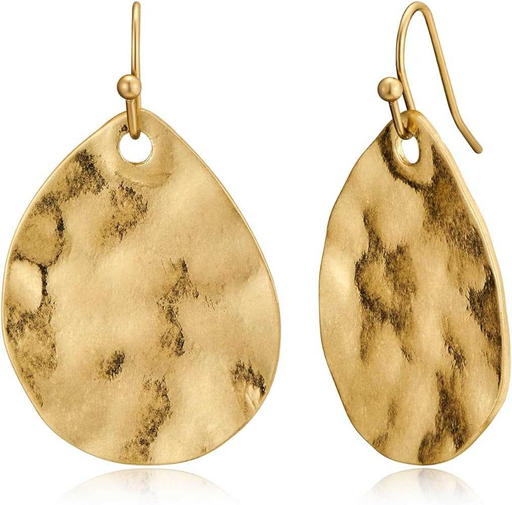 Antique Gold Hammered Disc Drop Earrings Boho Earrings with Two Tone Jewelry Gift | Amazon (US)