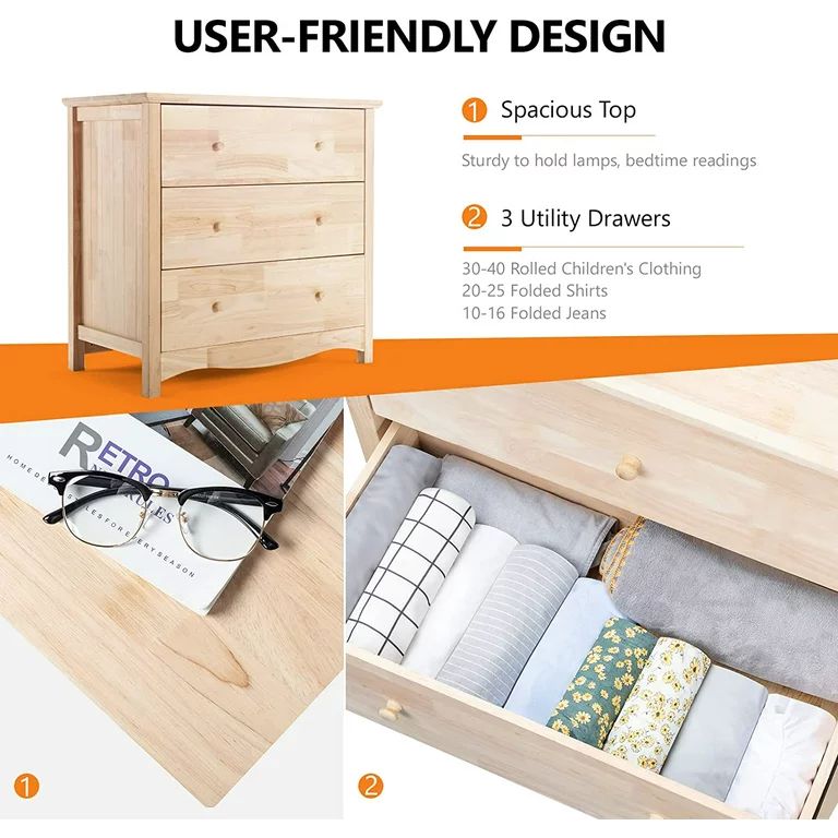 xrboomlife Upgraged Unfinished 3 Drawer Dresser for Bedroom Natural Solid Wood Dresser Color DIY ... | Walmart (US)