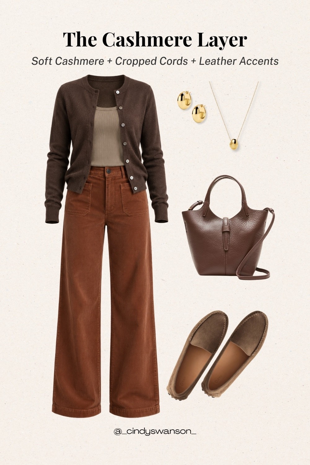 This rich chocolate-and-camel combination is one of my favorite ways to make everyday dressing feel a little more polished. A soft cashmere cardigan layered over a simple knit tank, paired with cropped corduroy pants and suede accessories—it’s an easy outfit formula for fall and winter days.

#LTKootd #LTKgrwm #LTKOver40