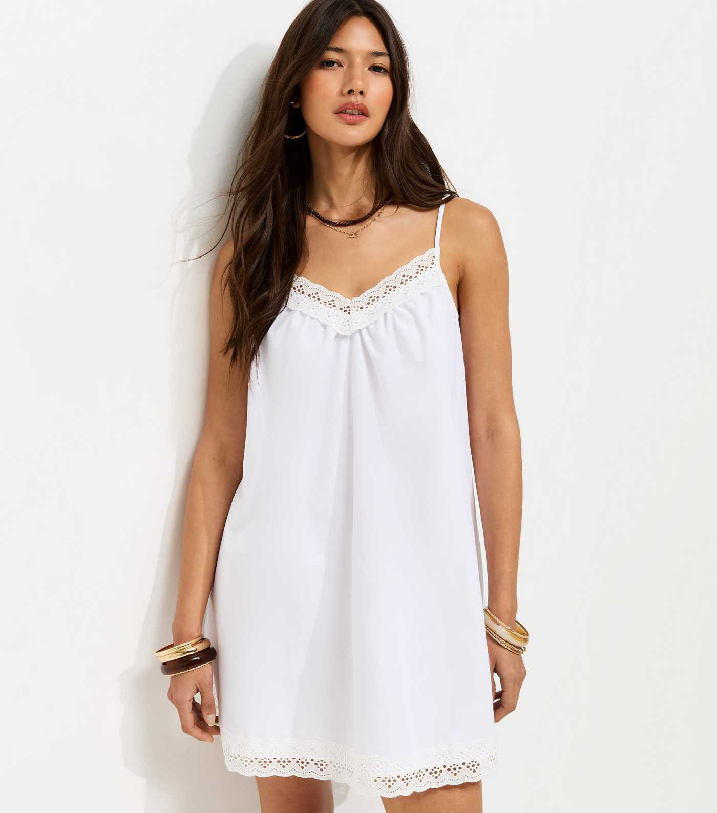 White Cotton Rich Lace Trim Strappy Smock Mini Dress | New Look | New Look (UK)