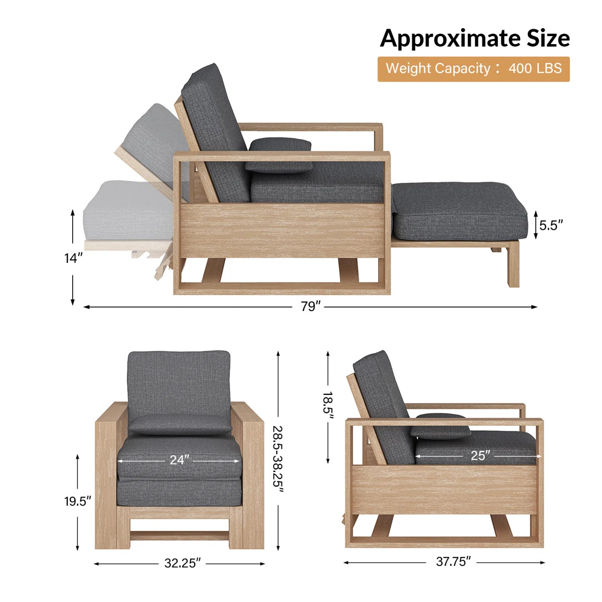 Darren Coastal Solid Wood Chaise Lounge with Lumbar Pillow and Adjustable Backrest (Set of 2) | Wayfair North America