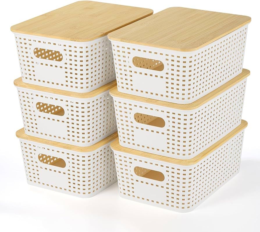 Plastic Storage Baskets With Bamboo Lid - Plastic Storage Containers Stackable Storage bins: Stor... | Amazon (US)