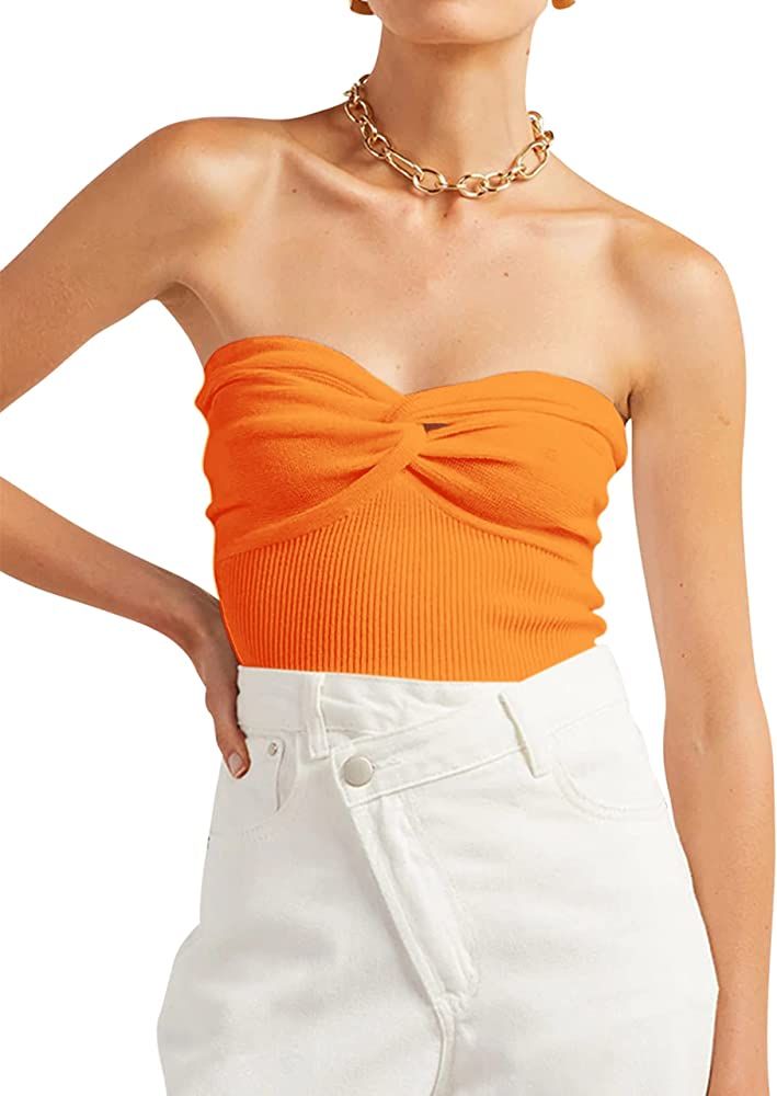 Meladyan Women Twist Knot Front Solid Knit Bandeau Tube Top Y2K Sexy Strapless Sleeveless Slim Fit C | Amazon (US)