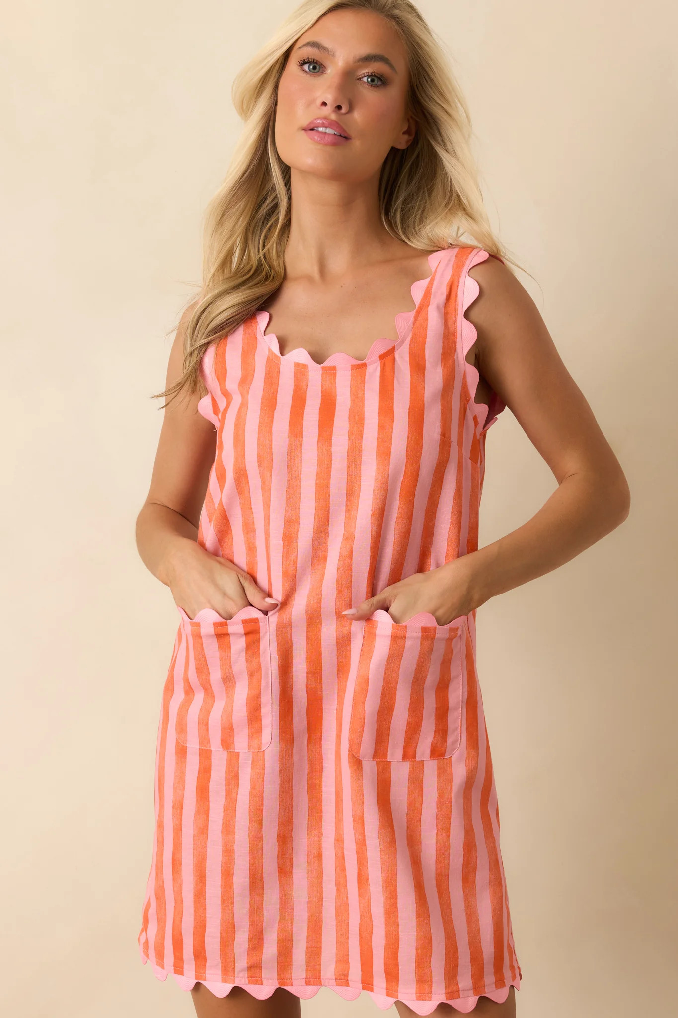 Paradisa Calypso Pink & Orange Stripe Linen Blend Mini Dress - L / Pink | Red Dress