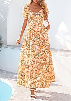 PRETTYGARDEN Women's Floral Boho Maxi Dresses Flowy Short Sleeve A Line Smocked Eyelet 2026 Summe... | Amazon (US)