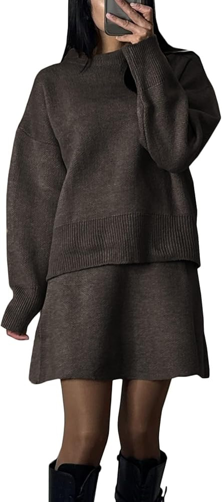 Women's 2 Piece Outfits Long Sleeve Knit Sweater Top Wide Leg Pants Skirts Lounge Sets | Amazon (US)