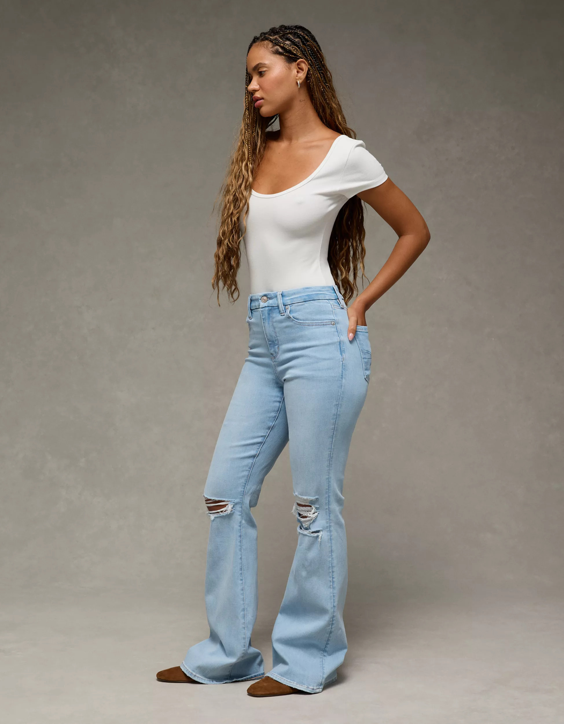 AE Next Level Curvy Ripped Super High-Waisted Flare Jean | American Eagle Outfitters (US & CA)