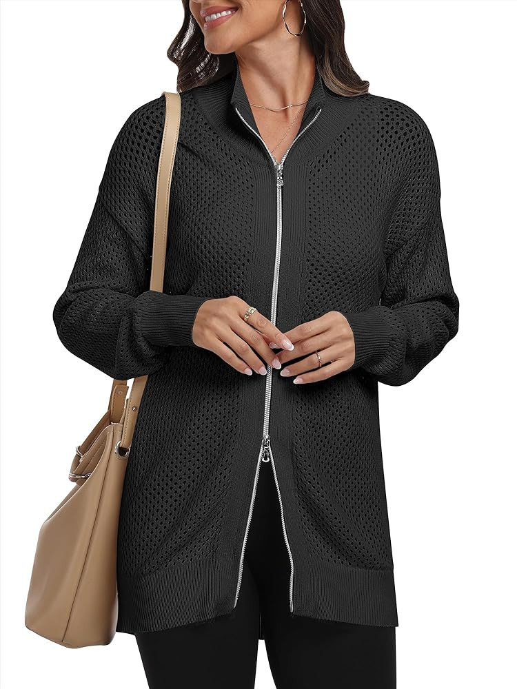 ANRABESS Women's Casual Full Zip Up Jackets Long Sleeve Mesh Crochet Knit Cardigan Sweater 2023 F... | Amazon (US)