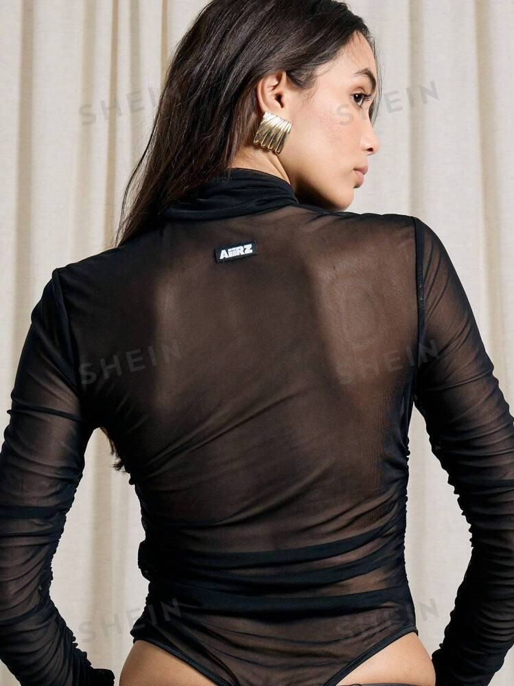 AiiRZ Mesh Sheer High Neck Ruched Sleeve Bodysuit | SHEIN