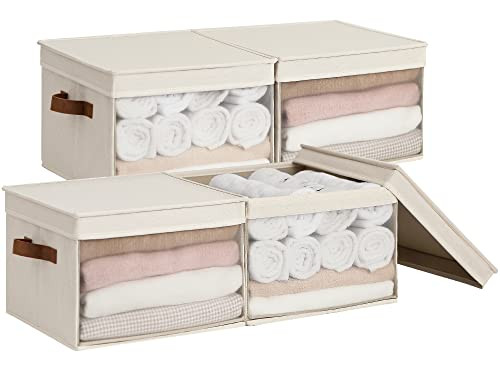 StorageWorks Storage Bins with Lids and Clear Window, Storage Basket for Shelves, Fabric Closet Containers and Organizers, Beige, 4-Pack | Amazon (US)
