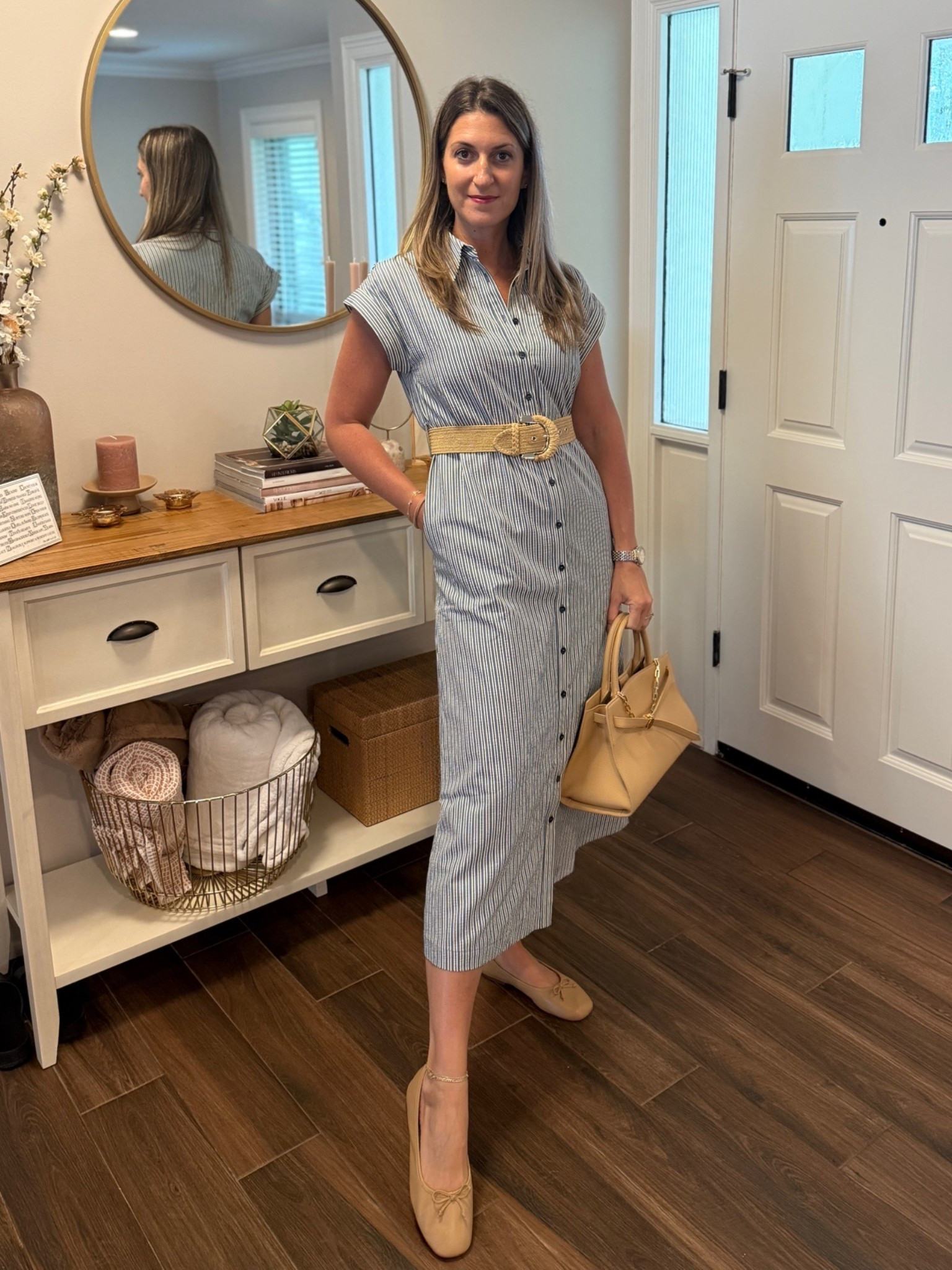 Another midi shirt dress to serve up elevated casual vibes this summer. Love the collar, cuffed sleeve and pockets. Swapped out the matching tie belt for a raffia belt. Finished with nude/tan accessories. 

Dress runs TTS. Wearing a size S.
Flats are extremely comfortable and run TTS.

#LTKOver40 #LTKWorkwear #LTKmomlife