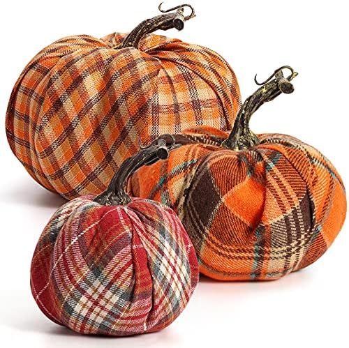 DomeStar Artificial Pumpkins, 3PCS Fabric Pumpkins Burlap Pumpkins Assorted Fake Pumpkins Plaid P... | Amazon (US)