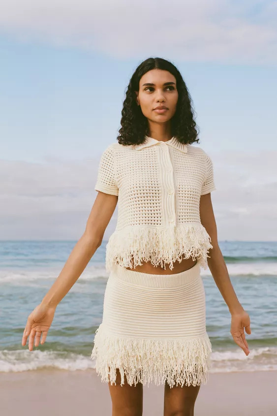 FRINGED CHECK KNIT SKIRT | Zara US