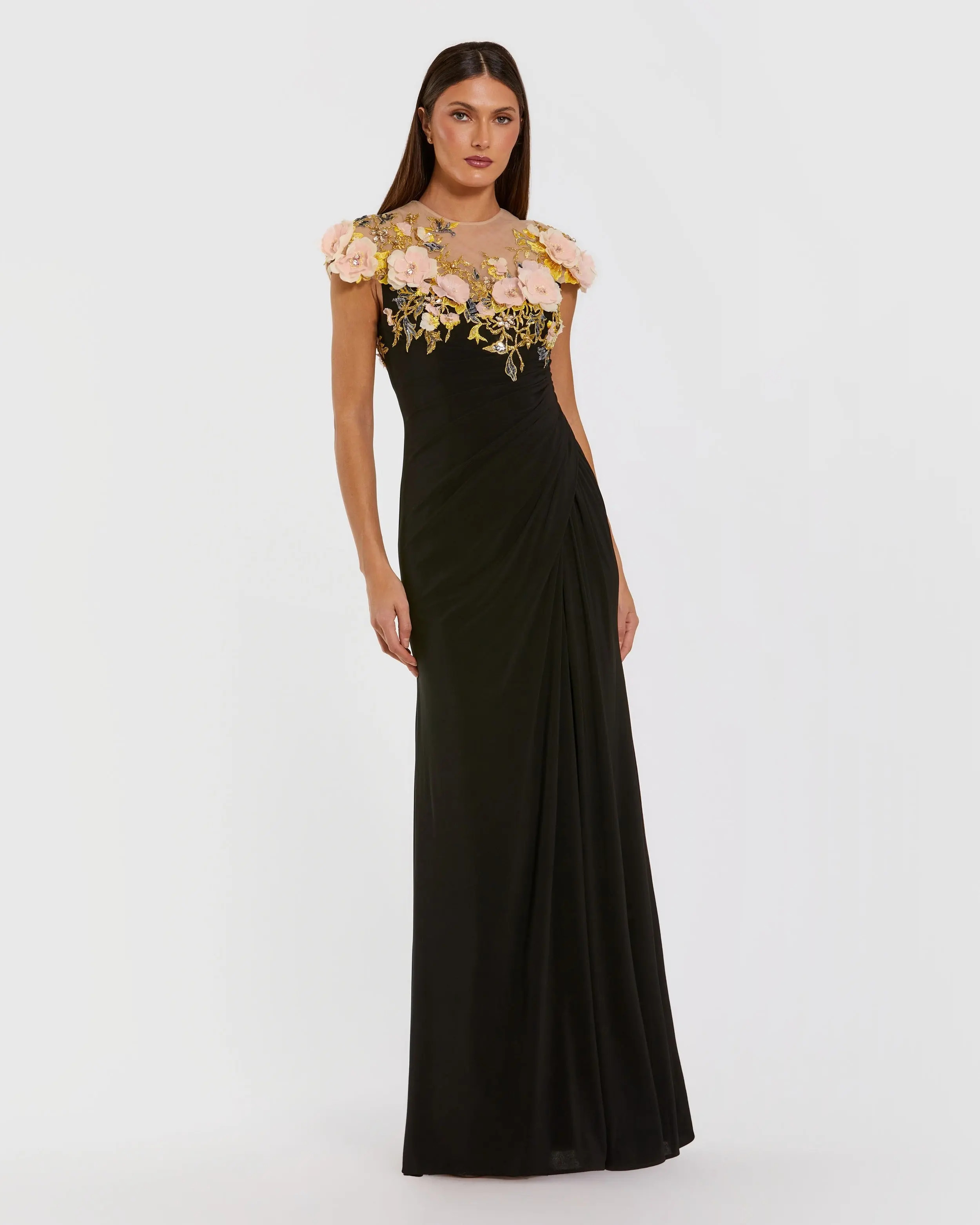 Black Jersey Column Gown With 3D Flower Embellishments | Mac Duggal | Mac Duggal