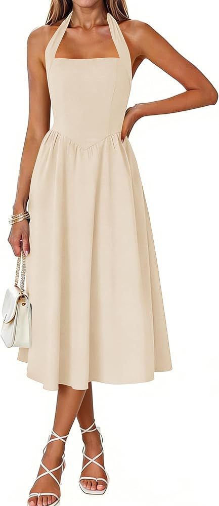 Naggoo Women's Summer Halter Midi Dress Sleeveless High Waist Swing Beach Long Dresses | Amazon (US)
