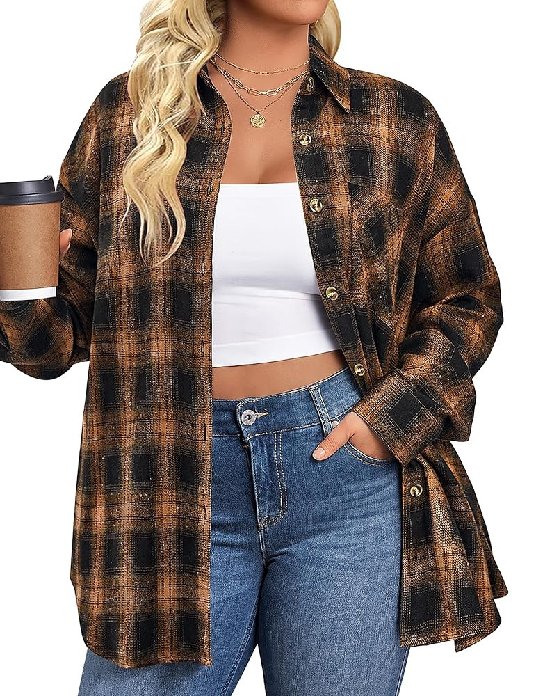 IN'VOLAND Womens Plus Size Flannel Plaid Shirts Roll Up Long Sleeve Casual Collared Button Down S... | Amazon (US)