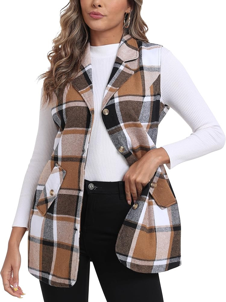MoFiz Vest for Women Long Flannel Plaid Vest Fall Winter Sleeveless Blazer Jackets Cardigan Coat ... | Amazon (US)