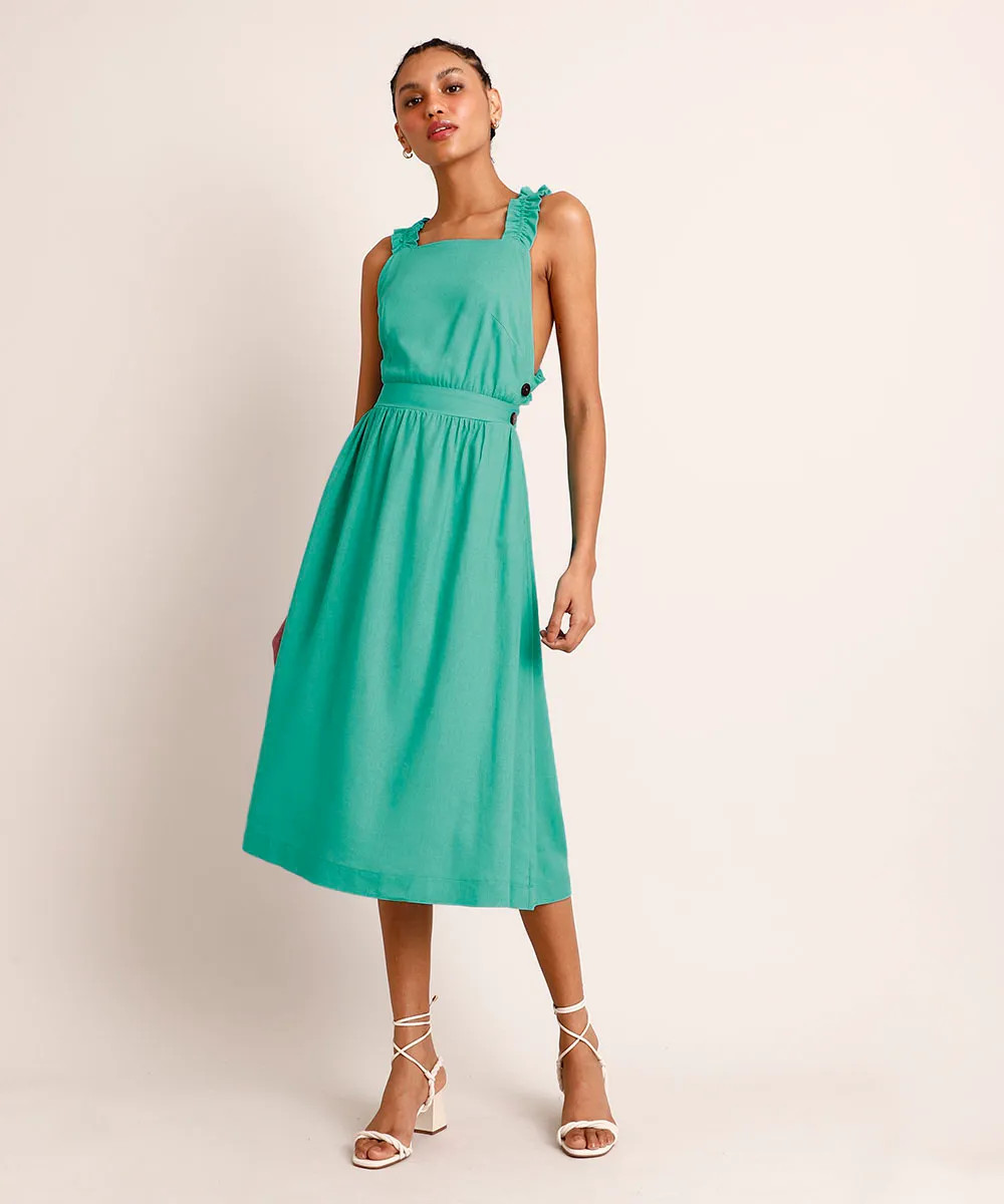 Vestido Midi Salopete com Linho Alça Larga Franzida Verde Água | C&A (BR)