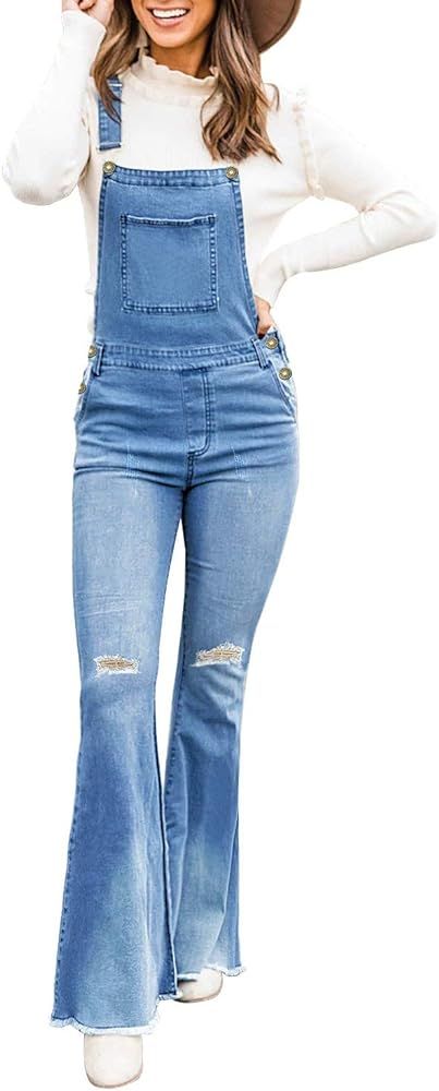 Uqnaivs Womens Ripped Frayed Hem Adjustable Denim Bib Overall Flare Jeans Pants | Amazon (US)