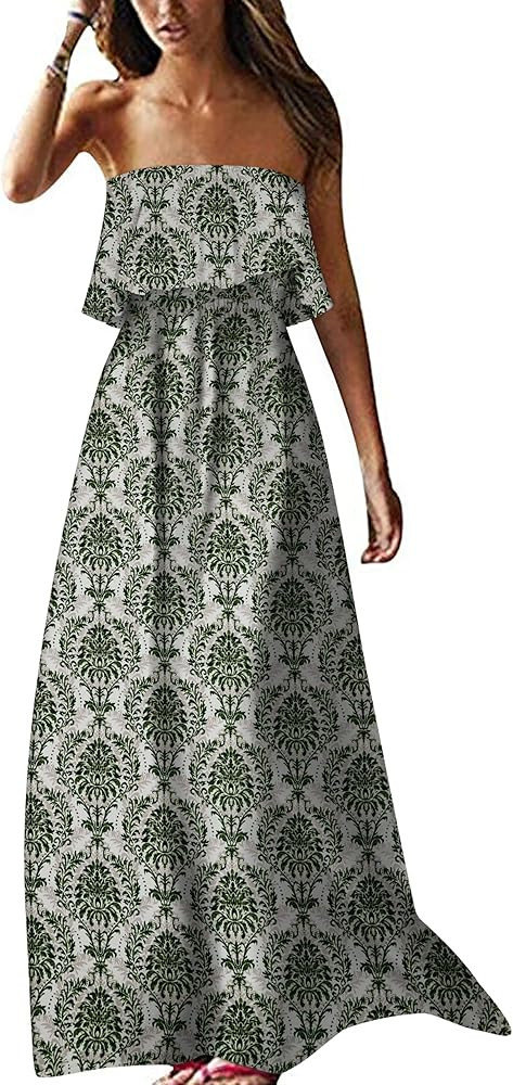 ZMPSIISA Women's Summer Off The Shoulder Maxi Dress Ruffle Strapless Blue White Porcelain Boho Ca... | Amazon (US)