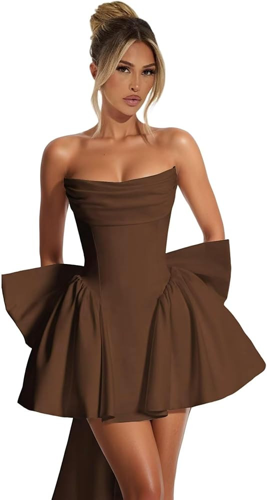 Strapless Homecoming Dresses with Bow Short Satin Prom Dress A Line Cocktail Party Gowns | Amazon (US)