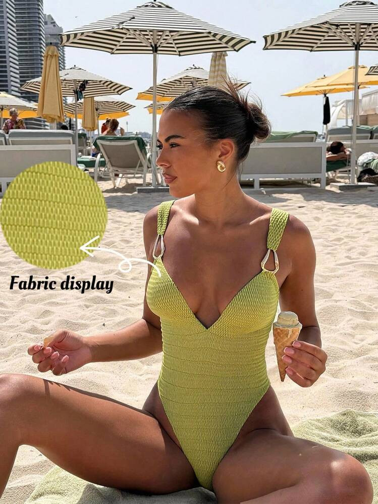 Swim Vcay Women's Hollow-Out Textured Cream Yellow Metallic Decor Bandeau One-Piece Swimsuit And ... | SHEIN