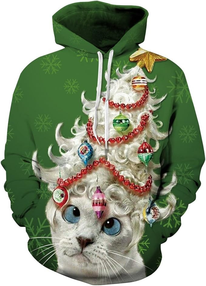 Couple Cute 3D Santa Print Ugly Christmas Kangaroo Pocket Sweatshirt Hoodies Pullover | Amazon (US)
