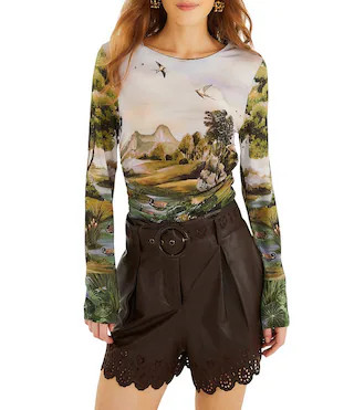 Countryside Landscape Printed Multicolor Round Neck Long Sleeve Top | Dillard's