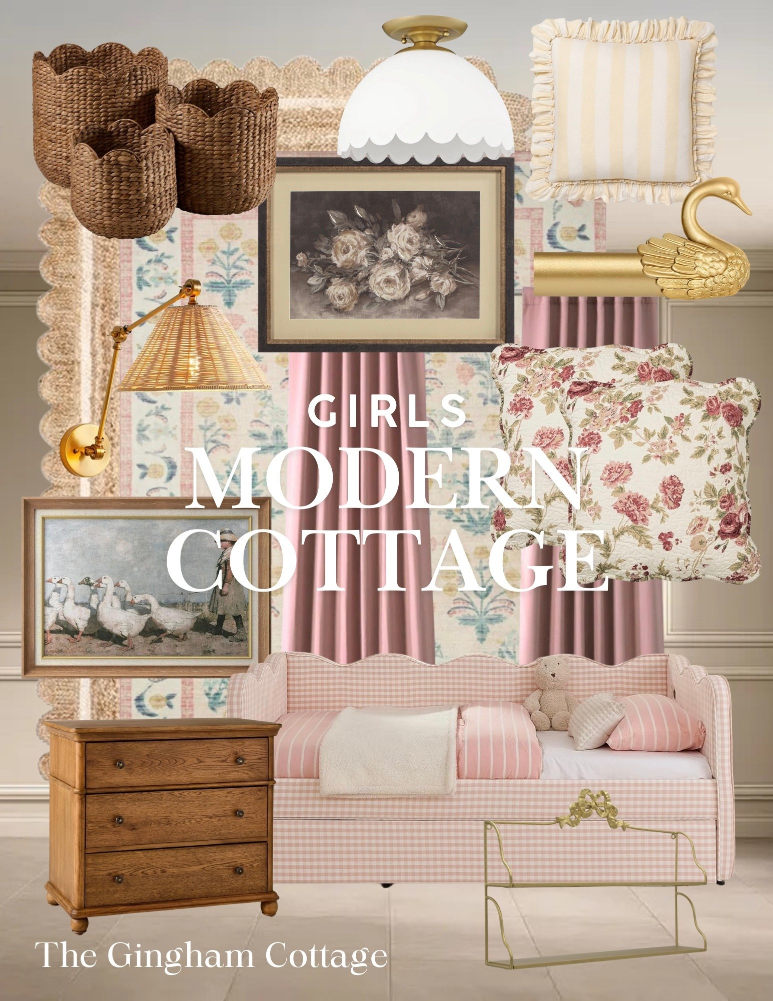 A modern cottage girls’ room is soft, sweet, and timeless — layered gingham, delicate bows, and playful goose accents paired with scalloped details. Add cozy textures like pillows and woven baskets for a space that feels charming, cheerful, and effortlessly cozy. 
🎀
Cottage, girls bedroom, twin bed, dresser, bow decor 

#LTKHome