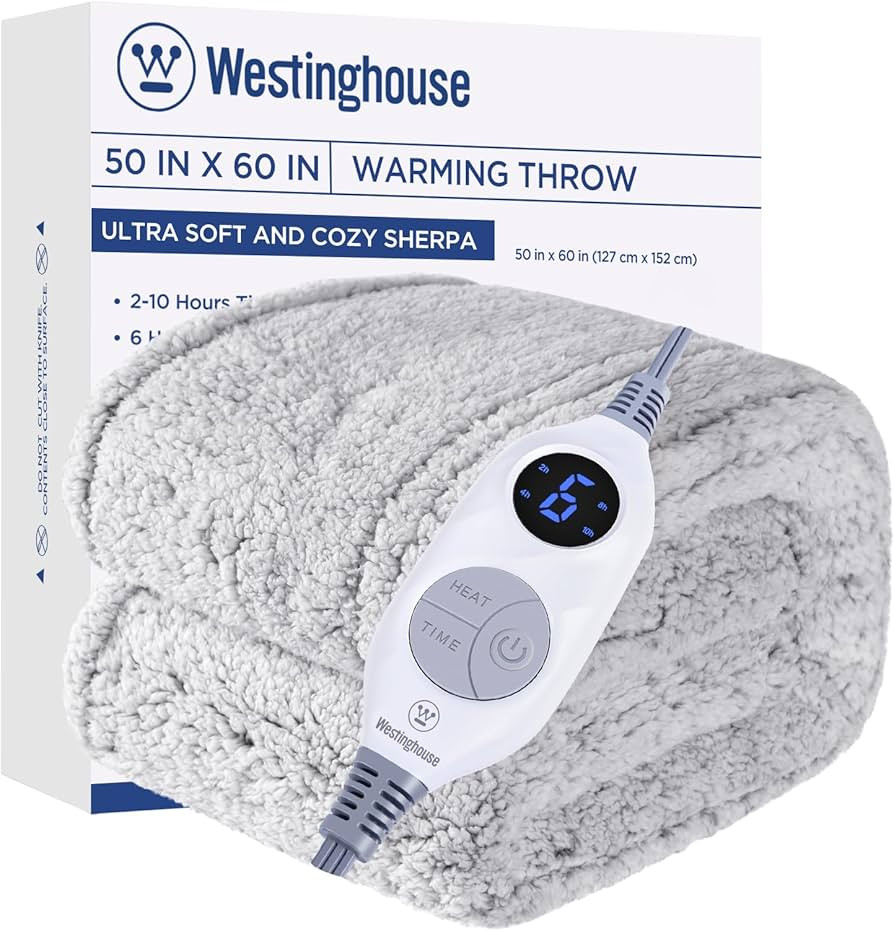 Westinghouse Electric Blanket Throw Size, Soft Plush Sherpa Heated Blanket with 6 Heating Levels ... | Amazon (US)