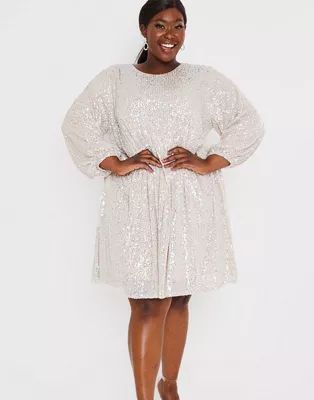 In The Style Plus x Jac Jossa sequin smock dress in silver | ASOS (Global)