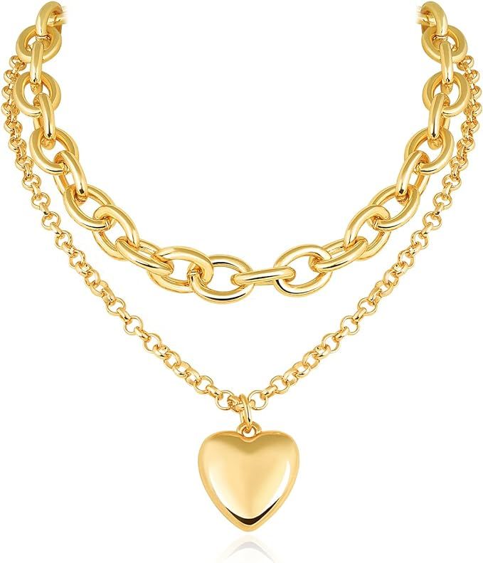 Chunky Double Layered Pendant Necklace: 14k Gold Plated Heart Shaped Thick Cable Chain Fashion Je... | Amazon (US)
